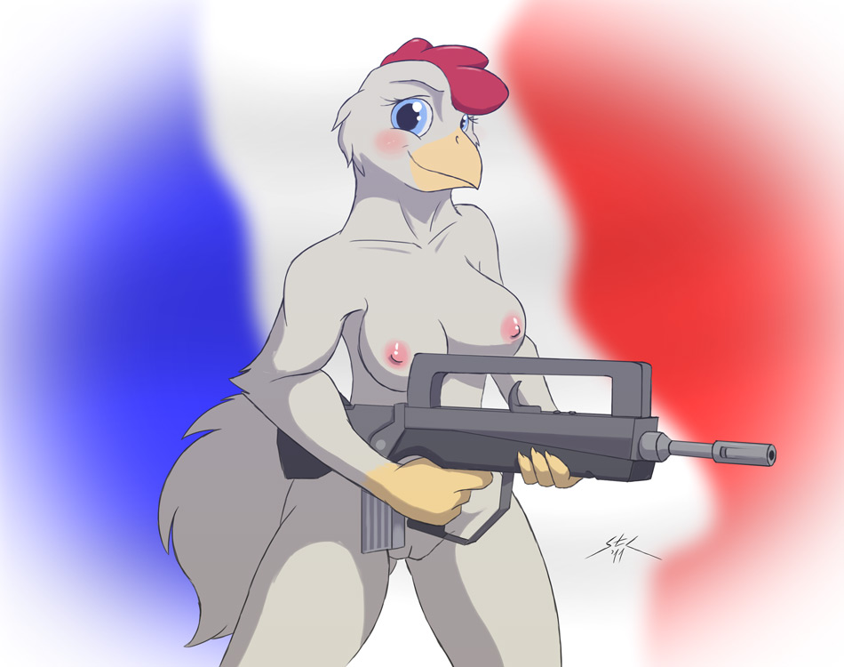 2011 anthro assault_rifle avian bird blue_eyes blush brests chicken famas female flag french_flag gun holding looking_at_viewer nipples nude pussy ranged_weapon rifle solo spotty_the_cheetah weapon