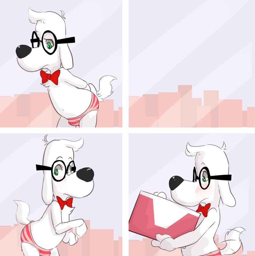 anthro bow_tie canine caught clothing comic crossdressing dialog dog dreamworks eyewear fur gift green_eyes human male mammal mr._peabody mr._peabody_and_sherman seth-iova sniffing solo text tumblr underwear white_fur