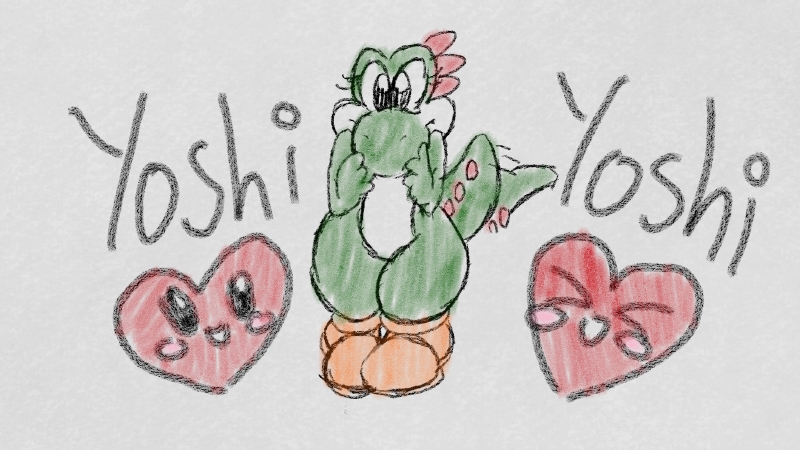 cute dinosaur female looking_at_viewer mario_bros nintendo scalie text tko-san video_games wagging wide_hips yoshi