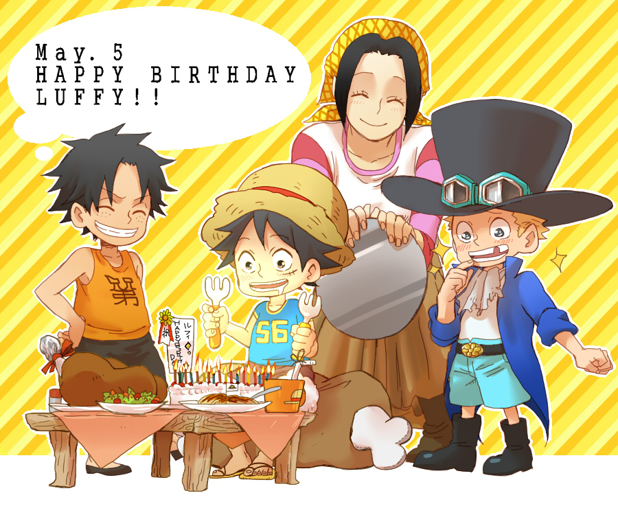 1girl 3boys birthday black_hair blonde_hair brothers cake dessert east_blue food hat makino_(one_piece) monkey_d_luffy multiple_boys one_piece portgas_d_ace sabo_(one_piece) siblings smile tanaka_(wsuzuw) younger