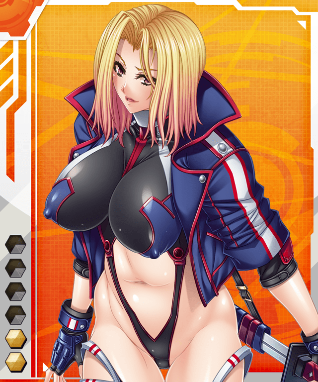 1girl asagiri blonde_hair breasts card_(medium) female fingerless_gloves gloves large_breasts lilith-soft solo sword taimanin_asagi taimanin_asagi_battle_arena weapon windy_lenvers