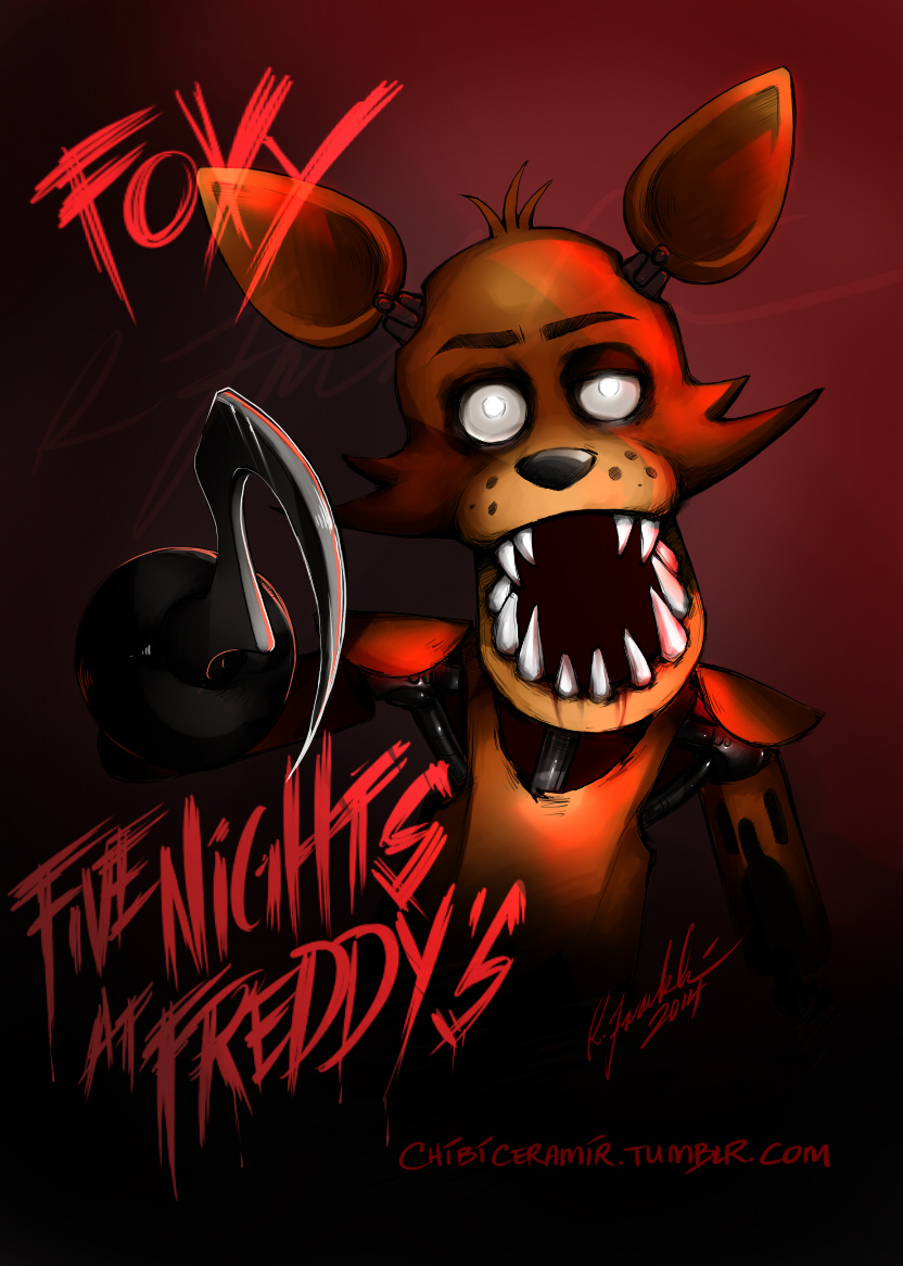 2014 animatronic canine ceramir english_text five_nights_at_freddy's fox foxy_(fnaf) glowing glowing_eyes hook looking_at_viewer male mammal solo teeth text