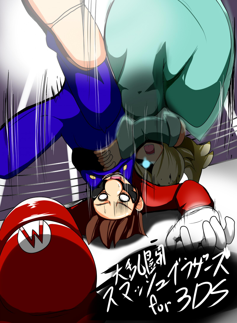 1boy 1girl aqua_eyes atlus blonde_hair brown_hair dress facial_hair gloves glowing glowing_eye hair_over_one_eye hat hat_removed headwear_removed long_hair mario mario_(series) megami_tensei mustache nintendo open_mouth overalls parody persona persona_4 persona_4:_the_ultimate_in_mayonaka_arena persona_4:_the_ultimax_ultra_suplex_hold rosalina_(mario) rosetta_(mario) shin_megami_tensei short_hair super_mario_bros. super_mario_galaxy super_smash_bros. suplex taku_(yakumodaisuki) wrestling wrestling_ring