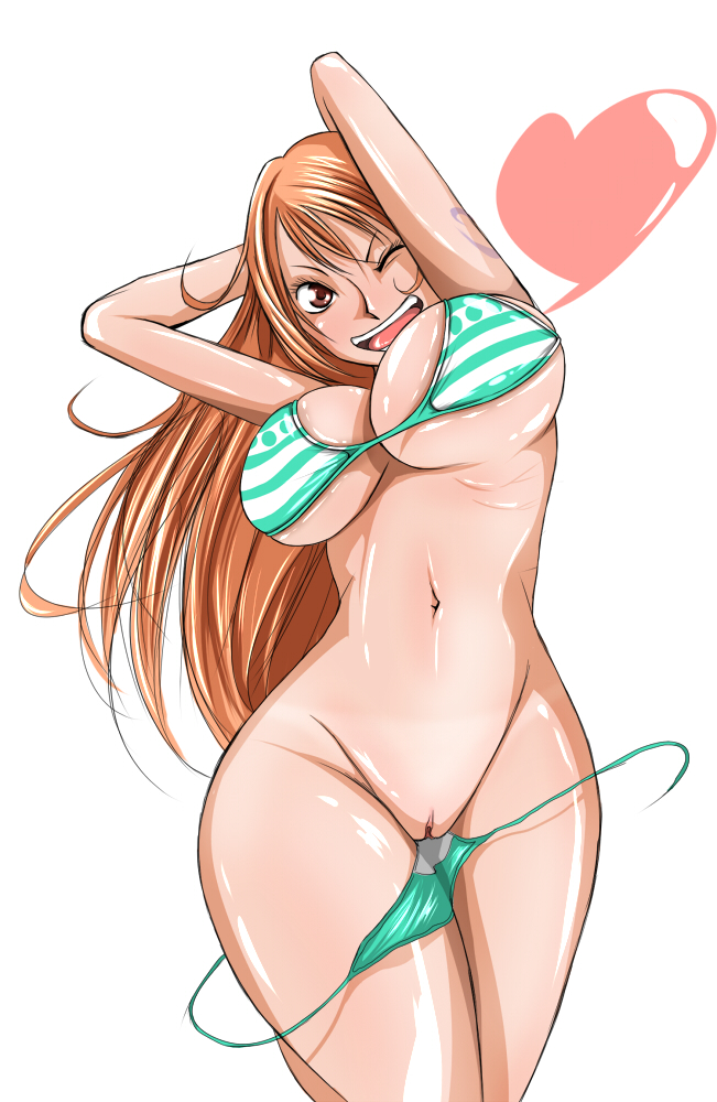 1girl arms_up breasts brown_eyes heart huge_breasts jagi_(nexboy) long_hair looking_at_viewer nami nami_(one_piece) navel one_piece orange_hair pussy solo uncensored