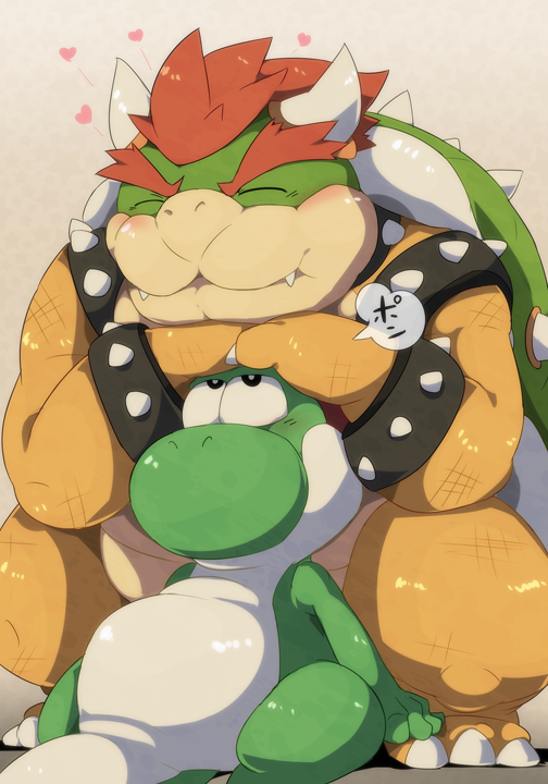&lt;3 blush bowser cuddling cute dialog japanese_text koopa male mario_bros nintendo overweight scalie size_difference text thick_tail video_games yoshi