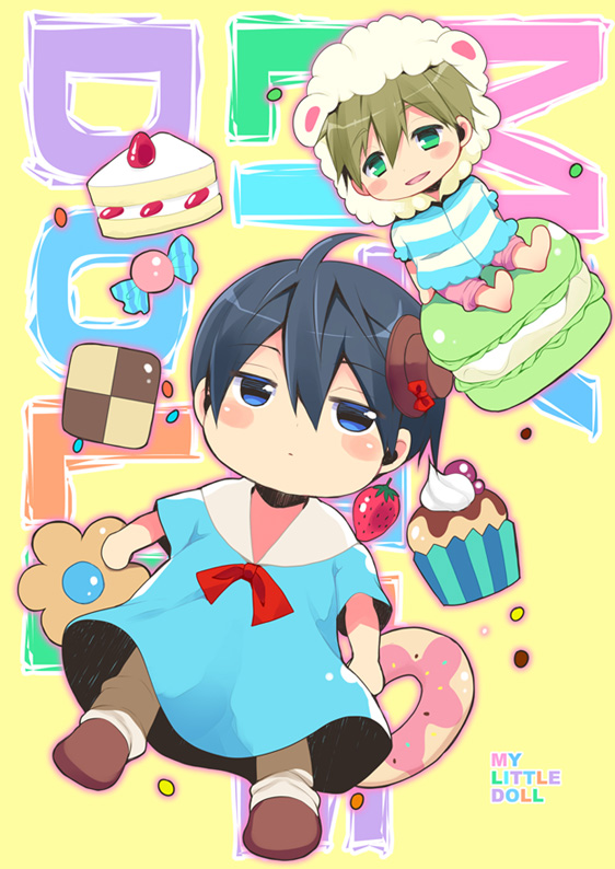 ahoge animal_hood bad_id bad_pixiv_id black_hair blue_eyes blush_stickers brown_hair cake candy checkerboard_cookie chibi child cookie cover cover_page cupcake doujin_cover english food free! fruit full_body green_eyes hood kindergarten_uniform ku--ma macaron male_focus multiple_boys nanase_haruka_(free!) open_mouth slice_of_cake smile strawberry strawberry_shortcake tachibana_makoto yellow_background younger