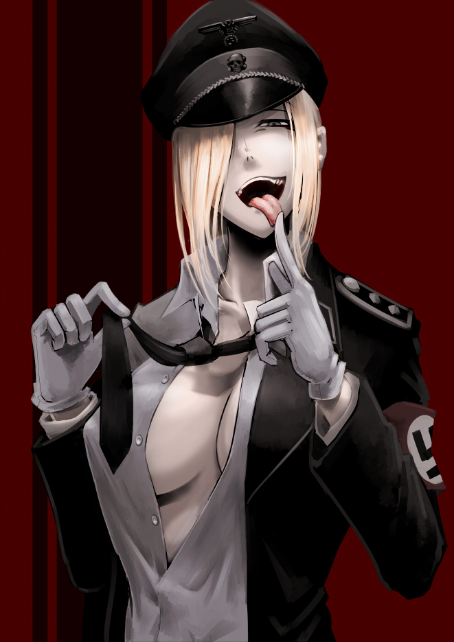 armband black_neckwear blonde_hair buttons collarbone dress_shirt gloves grey_eyes hair_over_one_eye hat hetza_(hellshock) holding jacket licking_hand long_hair long_sleeves looking_at_viewer military military_uniform nazi necktie no_bra open_mouth original pale_skin peaked_cap shirt skull solo swastika tongue tongue_out totenkopf uniform upper_body white_gloves