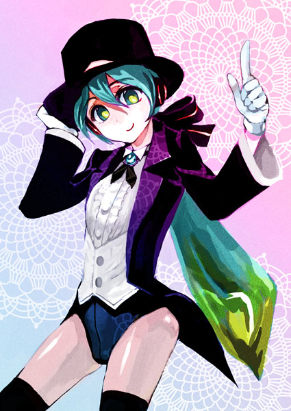 aqua_eyes aqua_hair gloves hair_ribbon hat hat_tip hatsune_miku headphones jacket long_hair magician magician_(module) miracle_paint_(vocaloid) ponytail project_diva project_diva_(series) ribbon rokumen_saikoro smile solo thighhighs top_hat vocaloid