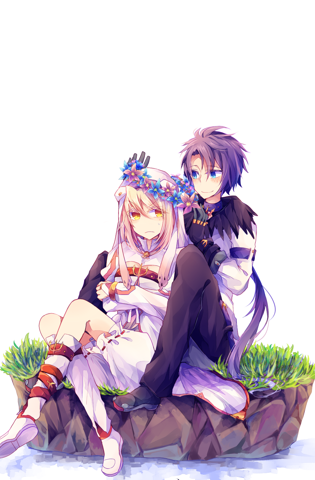 1girl alice_(tales) bad_id bad_pixiv_id blonde_hair blue_eyes decus gloves head_wreath highres long_hair nyowaa417 ponytail purple_hair putting_on_headwear ribbon-trimmed_clothes ribbon_trim tales_of_(series) tales_of_symphonia tales_of_symphonia_knight_of_ratatosk veil white_bloomers yellow_eyes