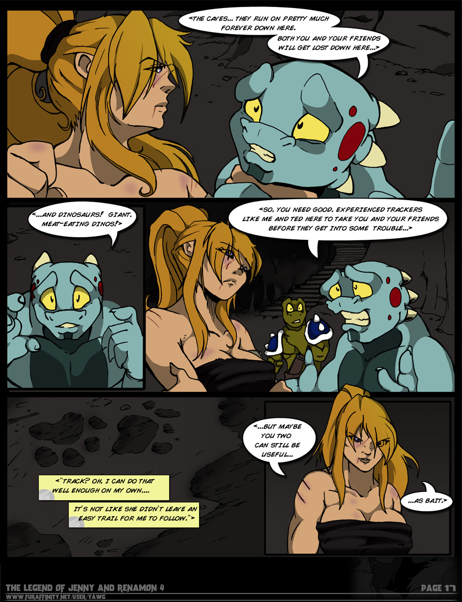 2014 anthro big_breasts blonde_hair blood blue_eyes breasts bruises cleavage clothed clothing comic cuts dialog english_text female hair holding_throat human lizard long_hair male mammal markings metroid nails pussy reptile samus_aran scalie scar text voluptuous yawg yellow_eyes