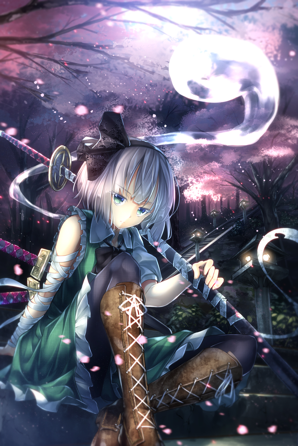 aqua_eyes bandages black_hairband black_legwear boots cherry_blossoms closed_mouth cross-laced_footwear expressionless hairband highres knee_boots konpaku_youmu konpaku_youmu_(ghost) lace-up_boots lantern looking_at_viewer night outdoors pantyhose ryosios scabbard sheath short_hair silver_hair skirt solo stairs stone_lantern sword touhou tree weapon