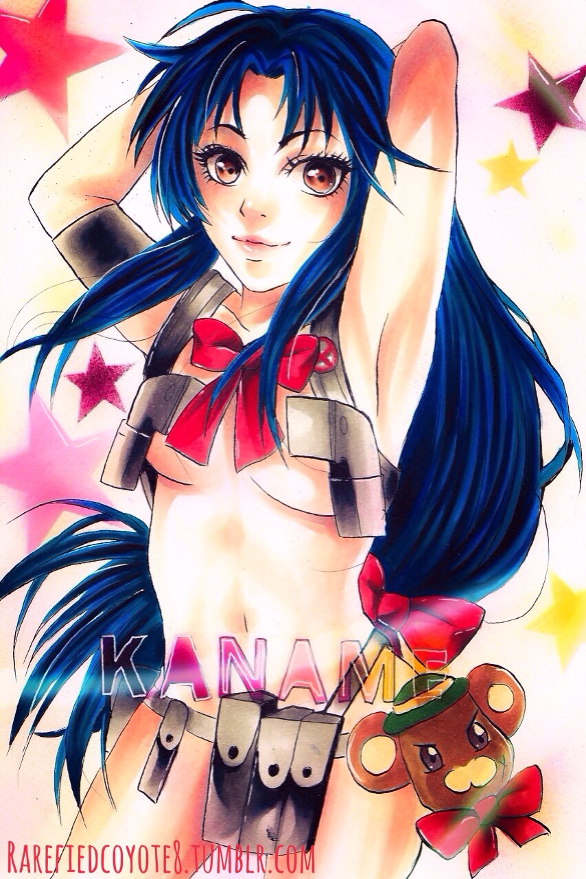 armband armpits arms_behind_head arms_up belt_pouch blue_hair bonta-kun bow breasts brown_eyes chidori_kaname courtney_(rarifiedcoyote8) full_metal_panic! hair_bow highres holster kill_la_kill lips long_hair low-tied_long_hair medium_breasts nose nudist_beach_uniform pouch shoulder_holster smile solo star starry_background underboob