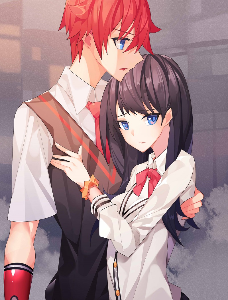 1boy 1girl 931466095 bangs black_hair blue_eyes bow bowtie breasts cardigan chinese_commentary collared_shirt commentary_request couple eyebrows_visible_through_hair hand_on_another's_back hand_on_another's_chest hand_on_another's_back hand_on_another's_chest hetero hibiki_yuuta hug long_hair long_sleeves looking_at_viewer medium_breasts necktie orange_scrunchie red_bow red_hair red_neckwear school_uniform scrunchie shirt short_sleeves sleeves_rolled_up ssss.gridman sweater takarada_rikka waistcoat white_cardigan white_shirt white_sweater wing_collar wrist_scrunchie