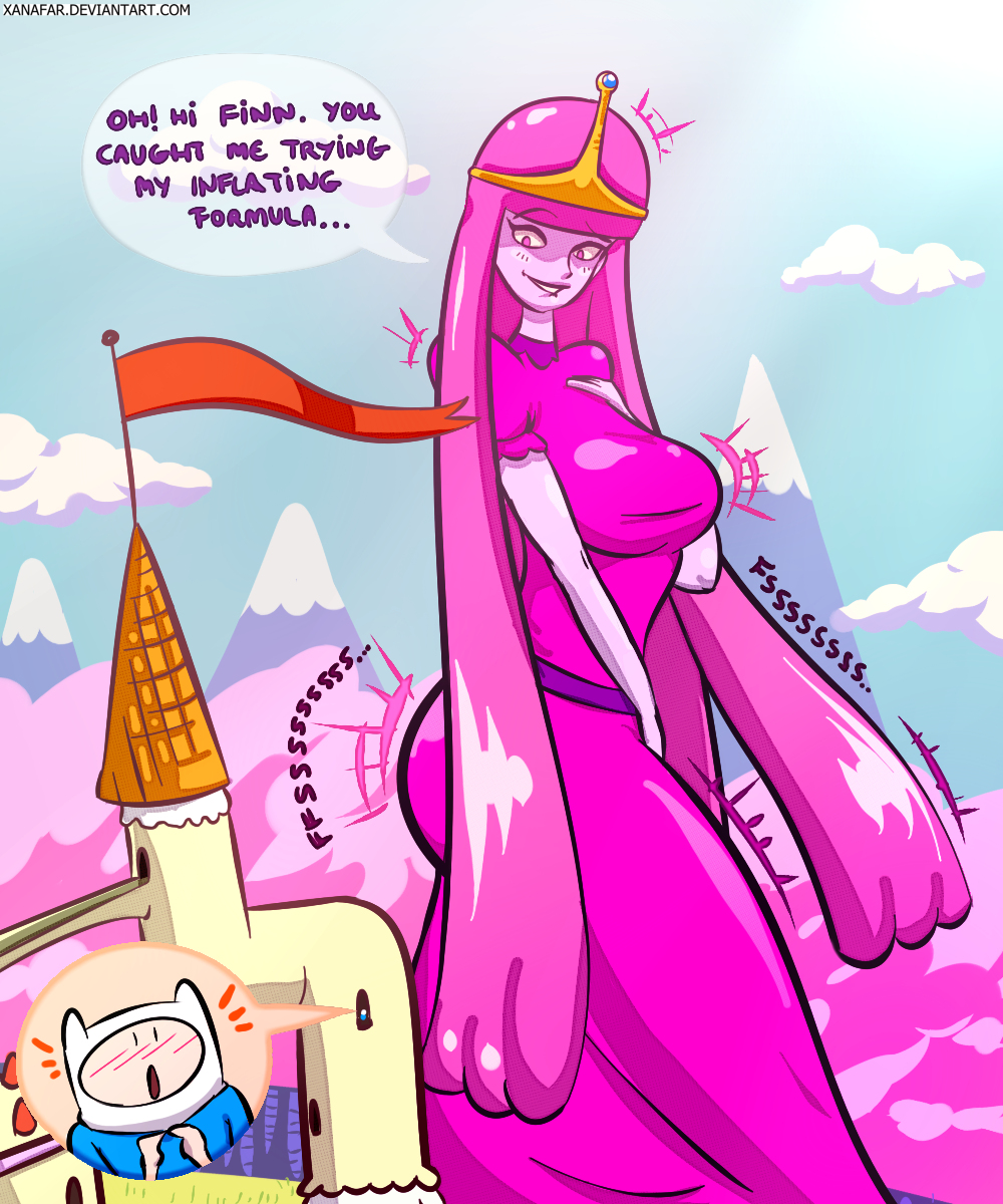 adventure_time big_breasts breast_expansion breasts crown english_text female finn_the_human giant hair huge_breasts human hyper hyper_breasts long_hair mammal pink_hair princess_bubblegum red_eyes royalty size_difference smile text
