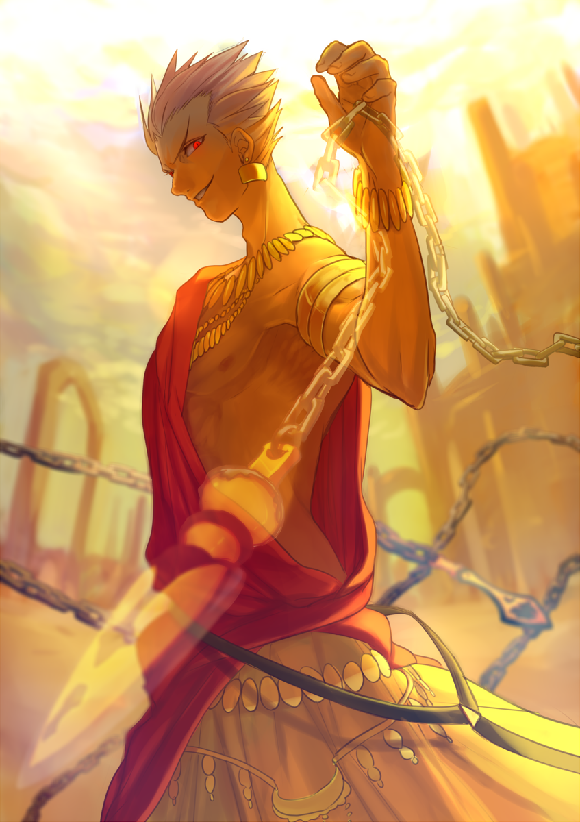 blonde_hair chain enkidu_(weapon) fate/zero fate_(series) gilgamesh hair_up highres jewelry kabio male_focus necklace red_eyes solo toga
