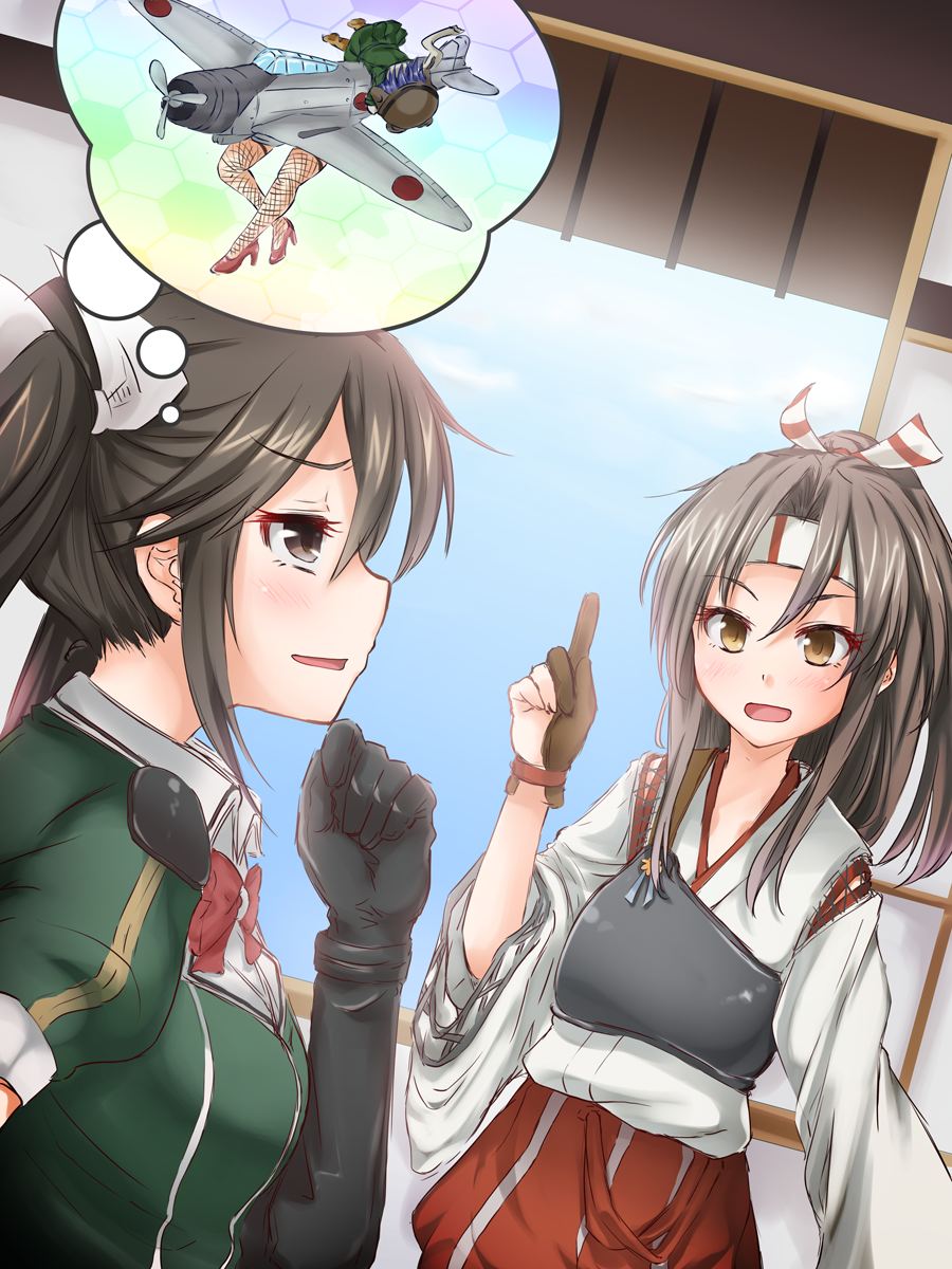 aircraft airplane anti_(untea9) black_hair blush brown_eyes brown_hair d3a elbow_gloves fairy_(kantai_collection) gloves hachimaki hair_ribbon headband high_ponytail highres japanese_clothes kantai_collection long_hair multiple_girls muneate open_mouth ponytail ribbon smile thought_bubble tone_(kantai_collection) twintails type_99_dive_bomber zuihou_(kantai_collection)
