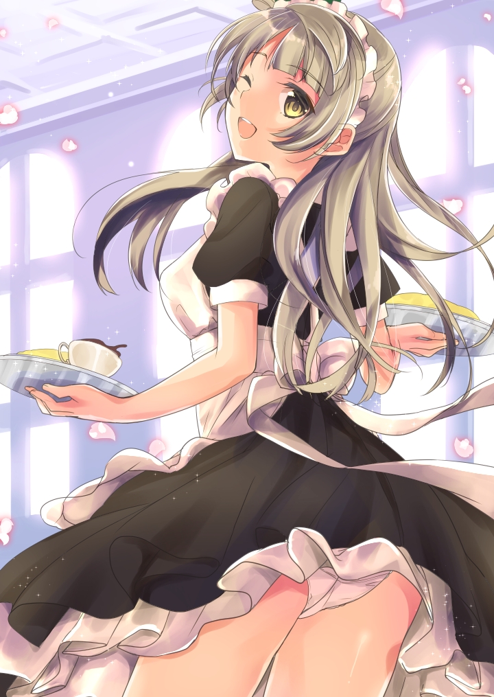 ;d apron brown_hair cowboy_shot from_behind long_hair love_live! love_live!_school_idol_project maid maid_headdress minami_kotori one_eye_closed open_mouth panties smile solo tray underwear white_panties yellow_eyes yu_yu