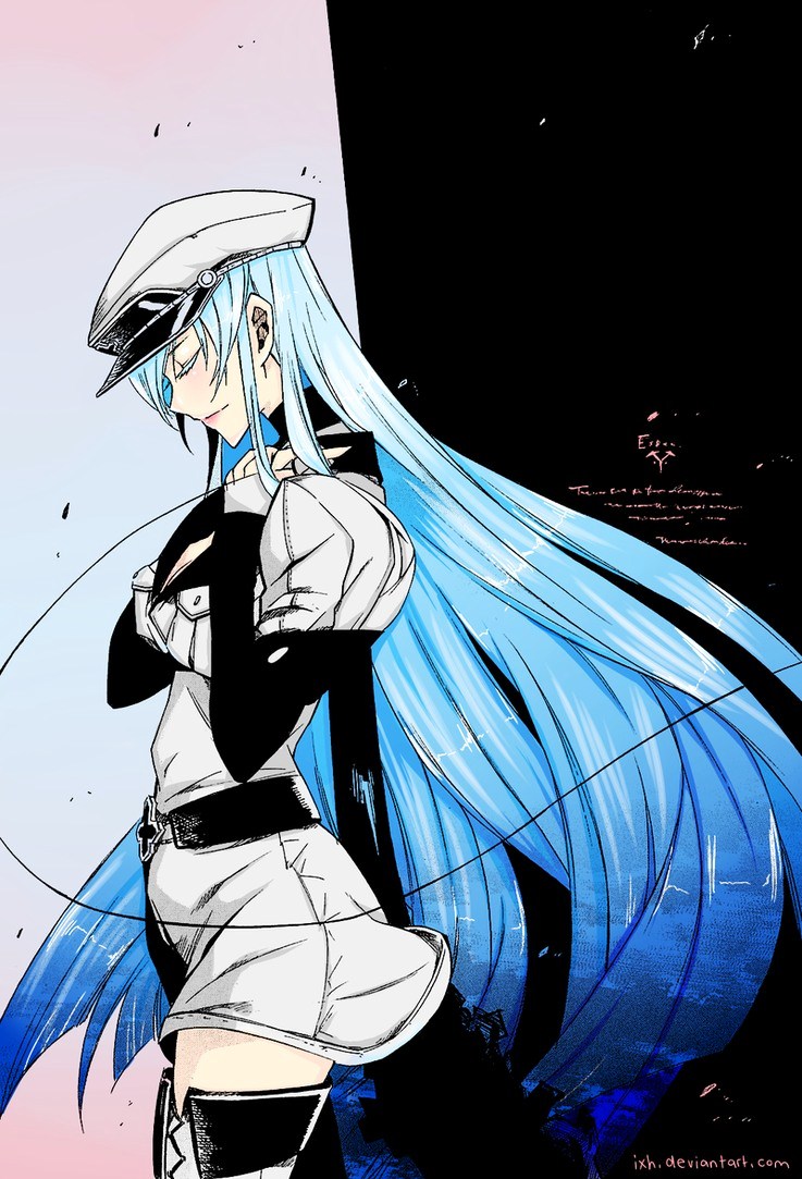 1girl akame_ga_kill! aqua_hair blue_hair boots breasts character_reques esdeath esdese hat highres ice large_breasts long_boots long_hair miniskirt skirt standing stitched uniform