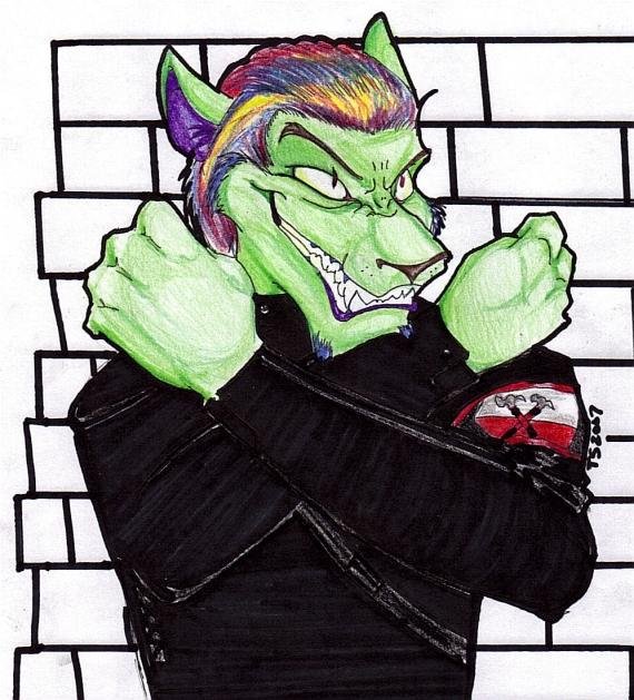 5_fingers armband clothing evil_grin feline fur green_fur grin hair hammer insignia logo male mammal multi-colored_hair pink_floyd rainbow_hair smile solo teeth the_wall thegirlcalledratha uniform unknown_species