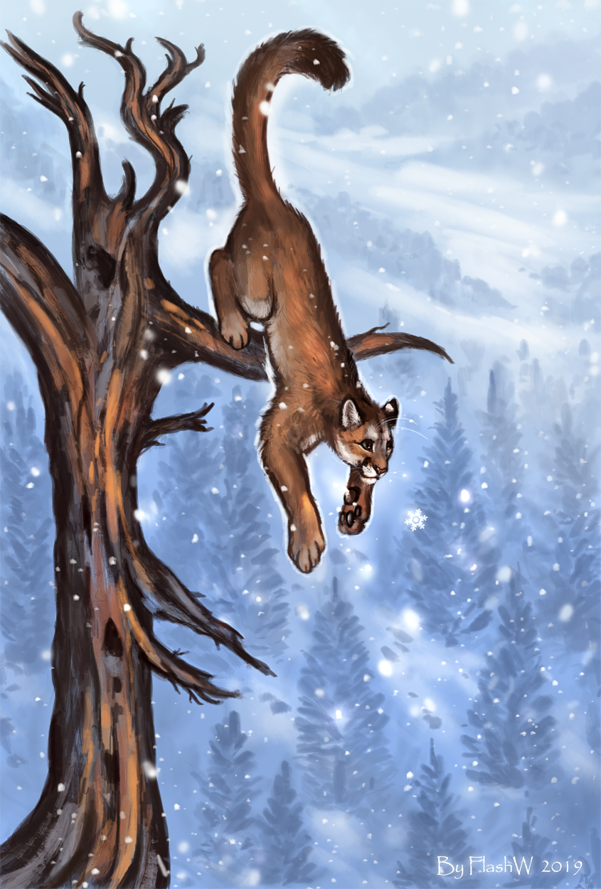 2019 4_toes brown_fur cougar day detailed_background digital_media_(artwork) digital_painting_(artwork) felid feline feral flashw fur mammal outside paws snow snowing solo toes