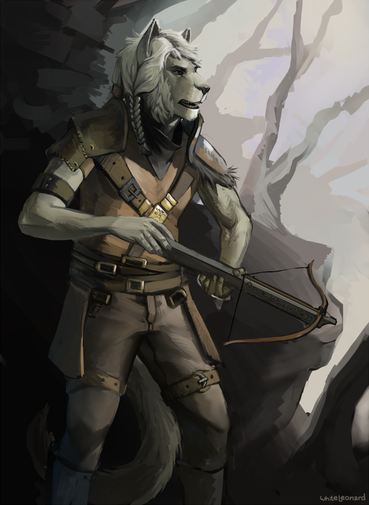 2015 anthro armor black_eyebrows black_nose braided_hair clothed clothing crossbow detailed_background digital_media_(artwork) eyebrows felid front_view fully_clothed fur hair holding_object holding_weapon khajiit male mammal outside pants pauldron ranged_weapon rock signature solo standing teeth the_elder_scrolls video_games weapon white_fur white_hair whiteleonard
