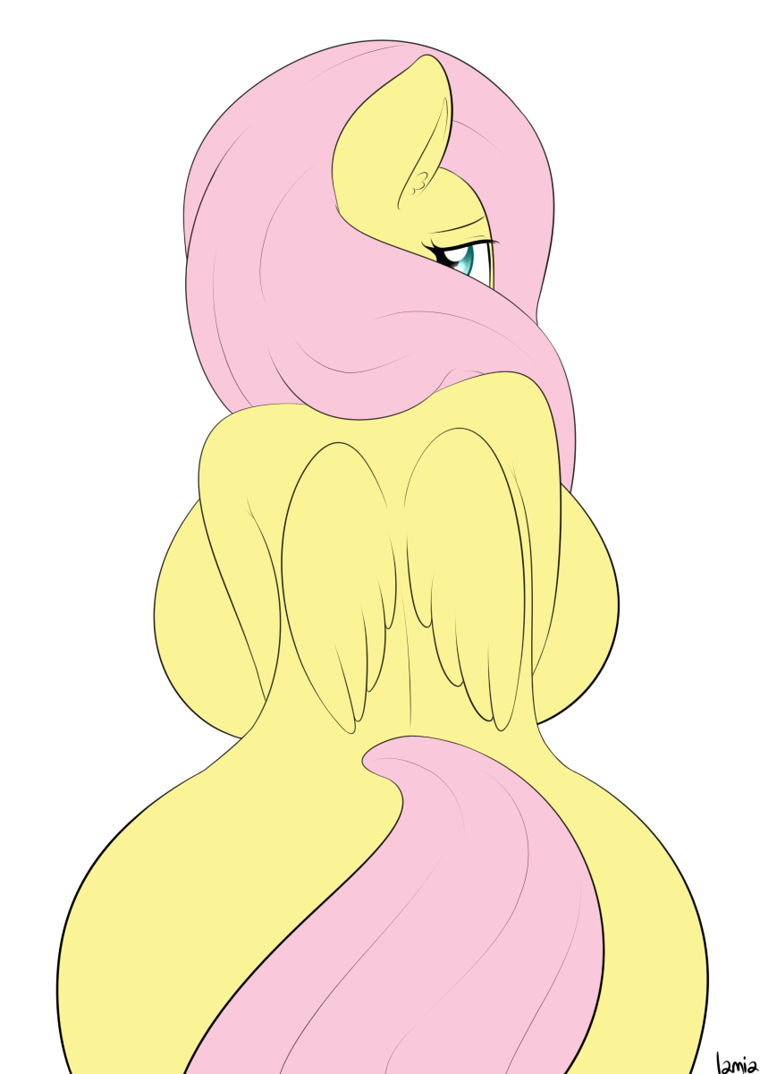 2014 anthro anthrofied big_breasts big_butt blue_eyes breasts butt equine female fluttershy_(mlp) friendship_is_magic fur hair lamiaaaa looking_back mammal my_little_pony pegasus pink_hair plain_background solo voluptuous white_background wings yellow_fur