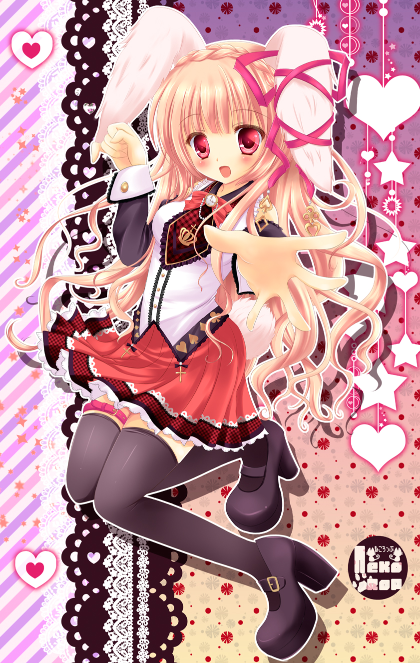 :d animal_ears black_legwear blonde_hair bunny_ears highres long_hair looking_at_viewer mary_janes open_mouth original pleated_skirt reaching red_eyes shoes skirt smile solo thighhighs yuutsuki_hina zettai_ryouiki