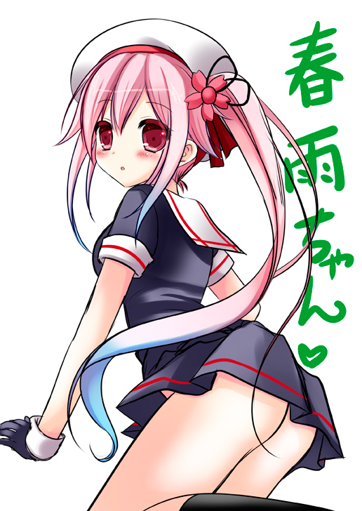 ass bad_id bad_pixiv_id blue_hair gloves gradient_hair hair_ornament harusame_(kantai_collection) hat kantai_collection leaning_forward long_hair looking_at_viewer multicolored_hair parted_lips pink_eyes pink_hair pleated_skirt school_uniform serafuku side_ponytail simple_background sketch skirt solo translated white_background yuutsuki_hina