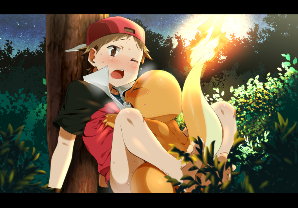 agemono anal anal_penetration backwards_baseball_cap bottomless charmander duo forest gay hat human interspecies male mammal nintendo outside penetration pok&eacute;mon pok&eacute;philia red_(pok&eacute;mon) size_difference tree video_games