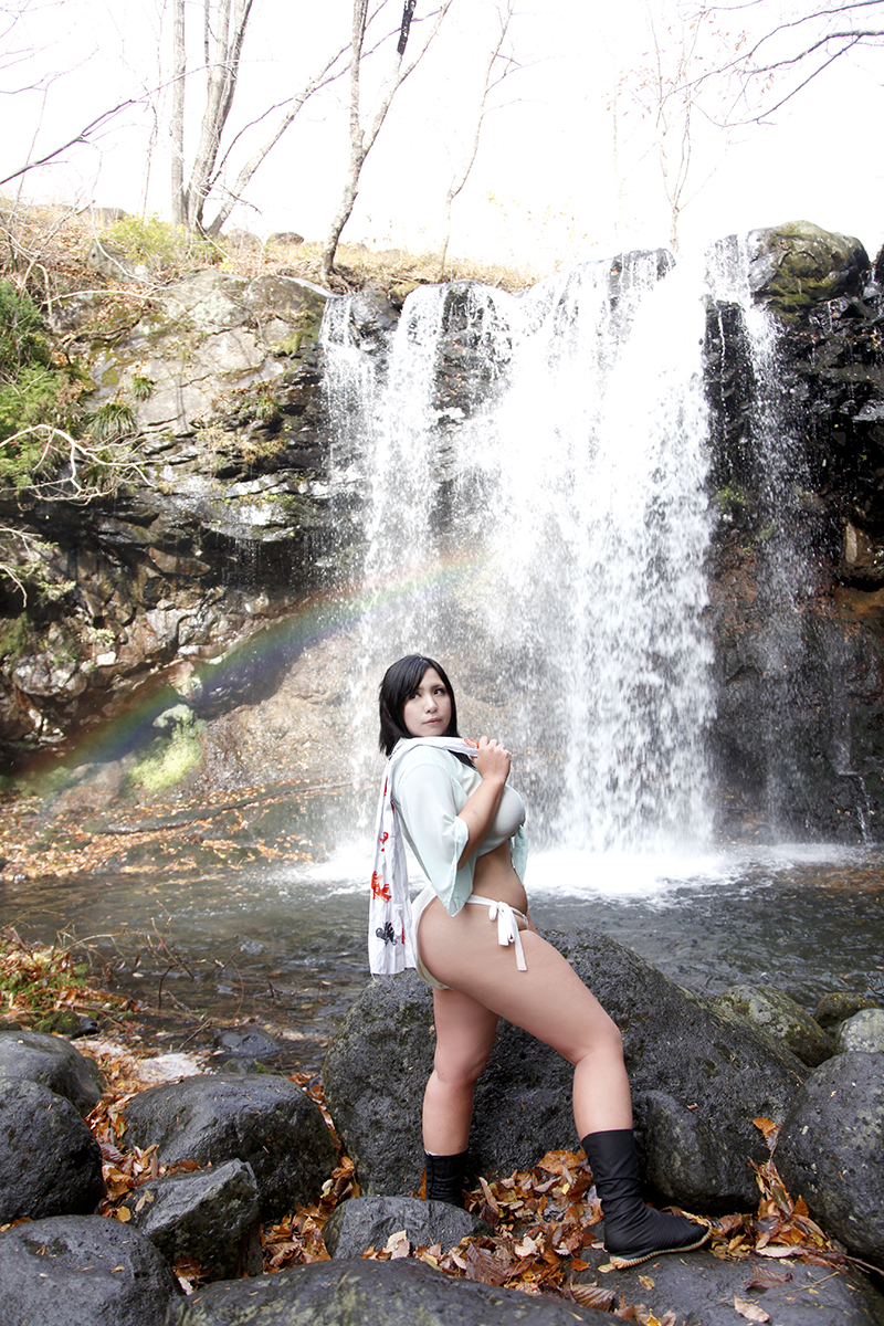 1girl asian ass black_hair chouzuki_maryou huge_ass photo plump rainbow solo water waterfall