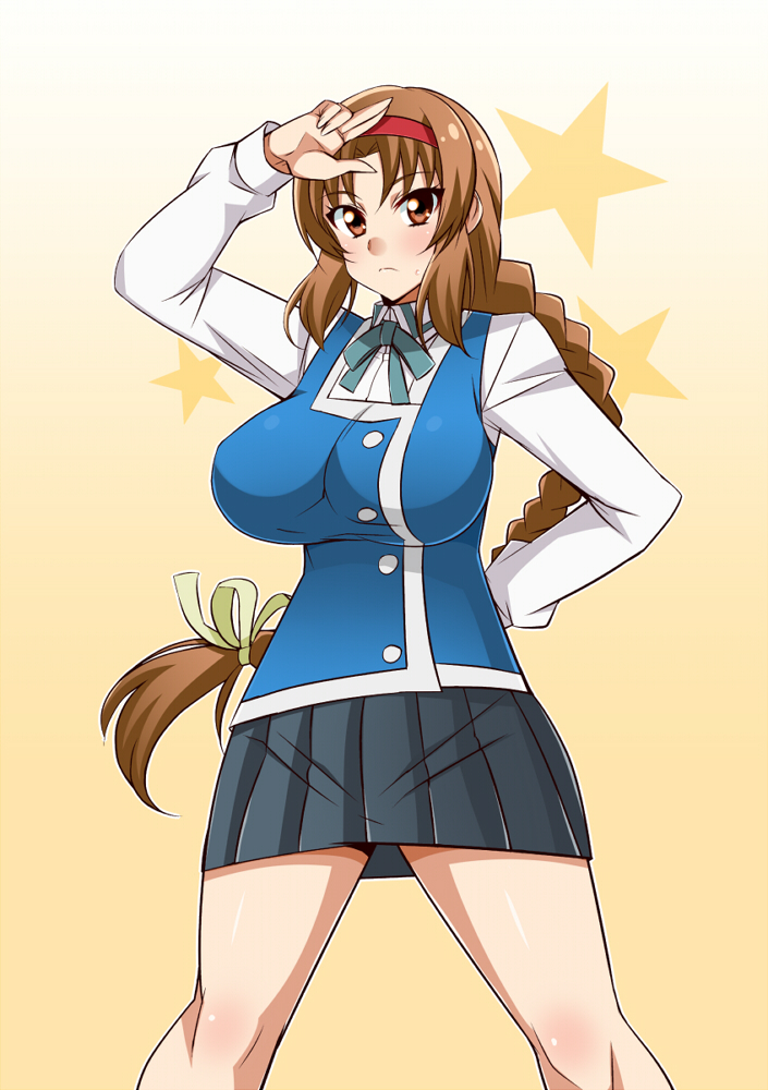 braid breasts brown_eyes brown_hair d-frag! gabayo hairband large_breasts long_hair school_uniform skirt solo takao_(d-frag!) very_long_hair