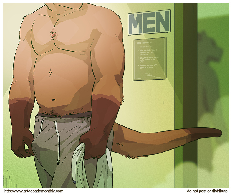 accidental_erection artdecade biceps brown_fur chest_tuft clothing do_not_distribute drawstring faceless_male fur gay male muscles pants pecs public tan_fur tenting text topless tuft