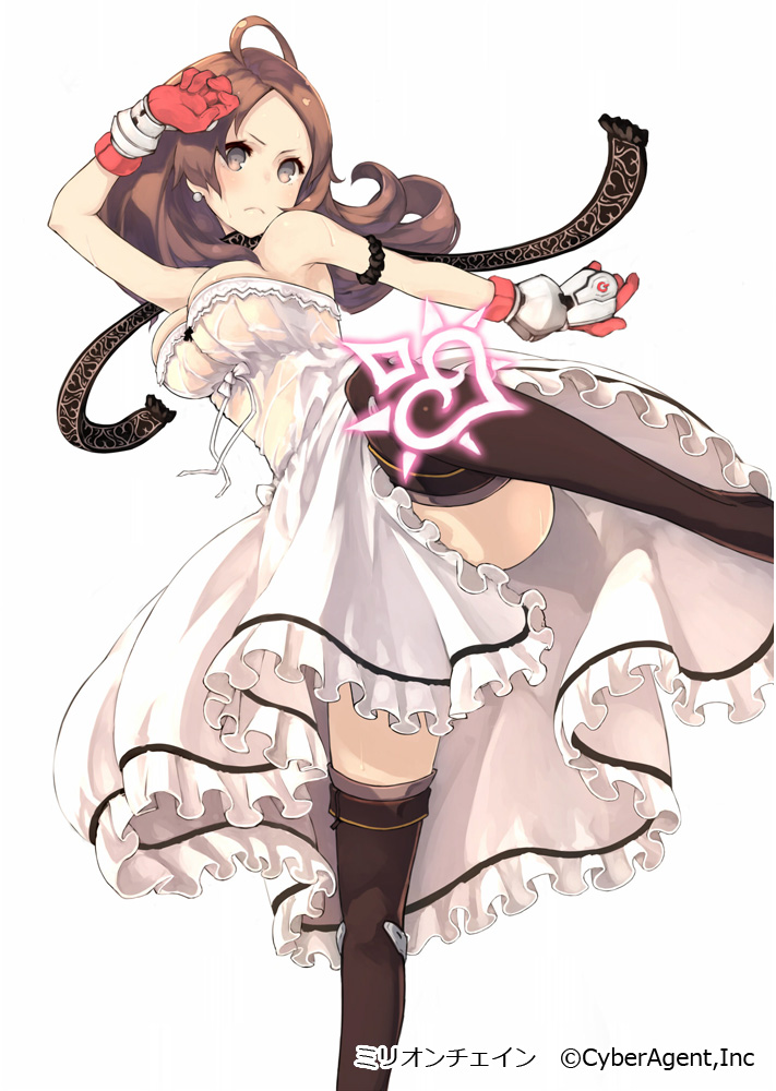 ahoge breasts brown_eyes brown_hair dress gloves keypot large_breasts leg_up long_hair million_chain official_art solo standing standing_on_one_leg thighhighs white_background white_dress
