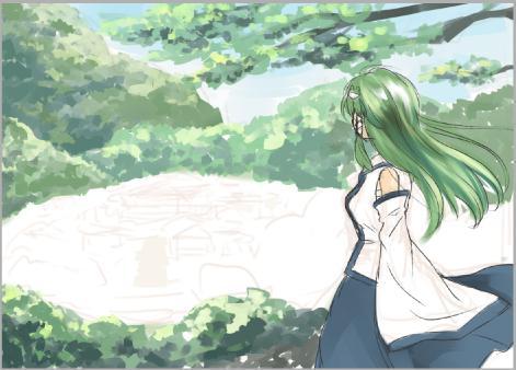 blue_skirt blue_sky breasts bush day detached_sleeves frog_hair_ornament green_hair hair_ornament hijiki_(hijiri_st) kochiya_sanae lake long_hair long_skirt lowres medium_breasts nontraditional_miko sarashi scenery sketch skirt sky snake_hair_ornament solo touhou tree village when_you_see_it wind