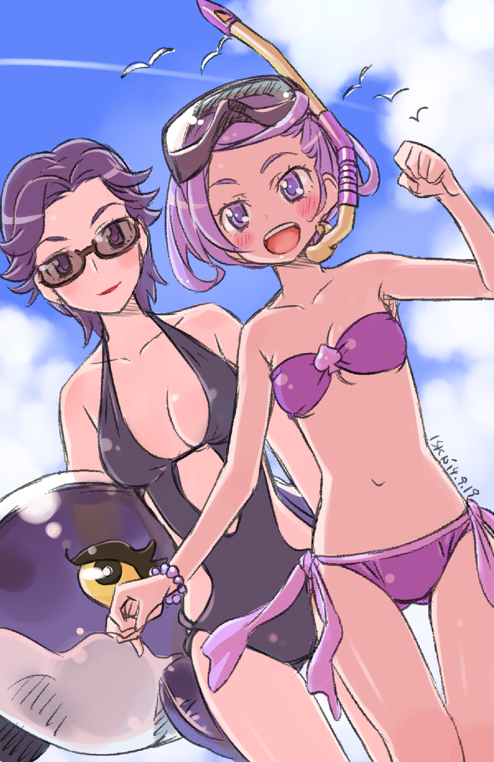 :d age_difference armpit_peek artist_name ass_visible_through_thighs bandeau bead_bracelet beads bikini bird black-framed_eyewear black_swimsuit blush bracelet breasts casual_one-piece_swimsuit cleavage clenched_hand closed_mouth cloud collarbone condensation_trail cowboy_shot dated davi_(dokidoki!_precure) day db_(dokidoki!_precure) diving_mask diving_mask_on_head dokidoki!_precure dutch_angle flipped_hair glasses halterneck hand_up happy highres holding inflatable_toy inflatable_whale isedaichi_ken jewelry kenzaki_makoto legs_together light_smile lipstick looking_at_viewer makeup mature medium_breasts multiple_girls navel one-piece_swimsuit open_mouth outdoors precure purple_bikini purple_eyes purple_hair red_lipstick semi-rimless_eyewear short_hair side-tie_bikini signature sketch sky small_breasts smile snorkel spade_(shape) standing sunglasses swimsuit thigh_gap transparent under-rim_eyewear
