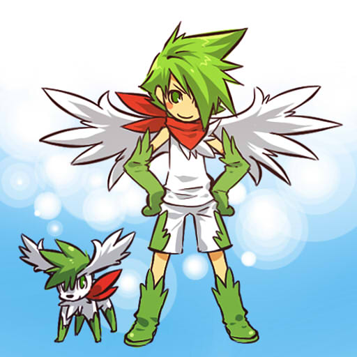 androgynous blush_stickers boots costume elbow_gloves gen_4_pokemon gloves green_eyes green_footwear green_hair hair_over_one_eye hands_on_hips hitec moemon personification pokemon pokemon_(creature) red_scarf scarf shaymin shirt shorts sleeveless sleeveless_shirt wings