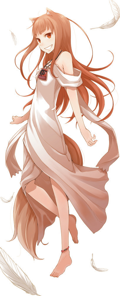 animal_ears anklet ayakura_juu barefoot brown_hair feathers feet grin holo jewelry long_hair necklace pouch red_eyes smile solo spice_and_wolf tail wolf_ears wolf_girl wolf_tail