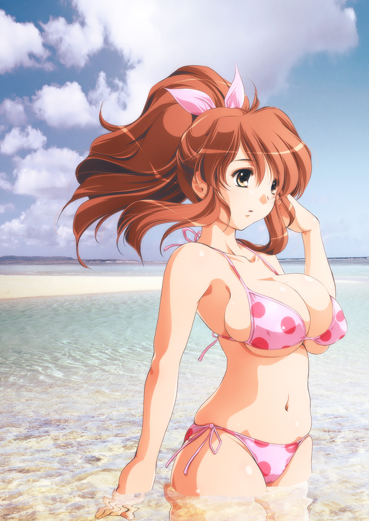 adjusting_hair asahina_mikuru beach bikini breasts brown_eyes brown_hair bursting_breasts cleavage cloud day hair_ribbon kantori large_breasts mole mole_on_breast navel ocean outdoors partially_submerged photo_background polka_dot polka_dot_bikini polka_dot_swimsuit ponytail ribbon side-tie_bikini sideboob skindentation sky solo standing suzumiya_haruhi_no_yuuutsu swimsuit underboob wading water wind