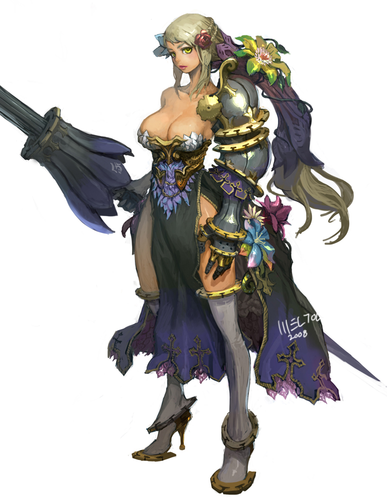 2008 armor bare_hips bare_shoulders blonde_hair breasts cleavage dress flower frills gauntlets hair_flower hair_ornament high_heels huge_weapon lance large_breasts lips long_hair original polearm shoes solo tabard thighhighs weapon weltol yellow_eyes