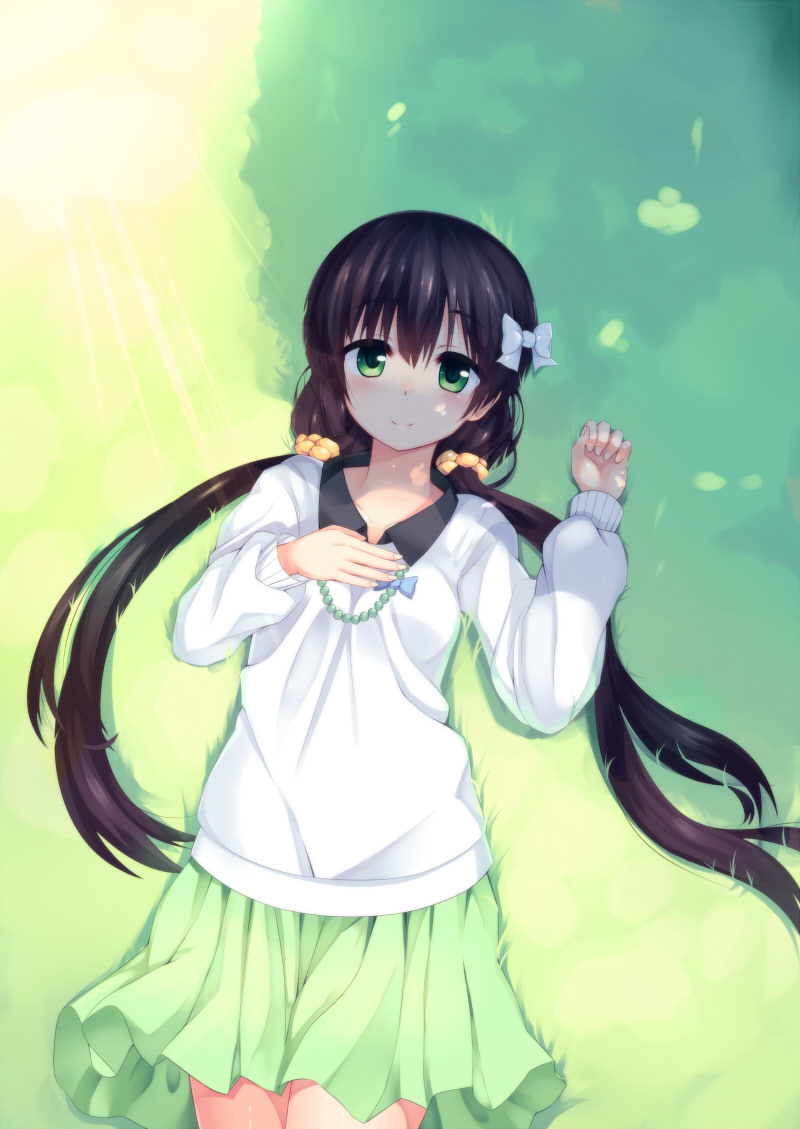 amagiri_yune amairo_islenauts black_hair bow casual cowboy_shot east01_06 grass green_eyes hair_bow hair_ornament hair_ribbon long_hair looking_at_viewer low_twintails lying pleated_skirt ribbon skirt smile solo twintails very_long_hair