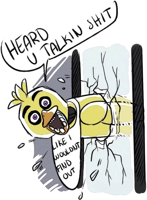 avian bird chica_(fnaf) chicken dialog english_text female five_nights_at_freddy's looking_at_viewer solo text unknown_artist
