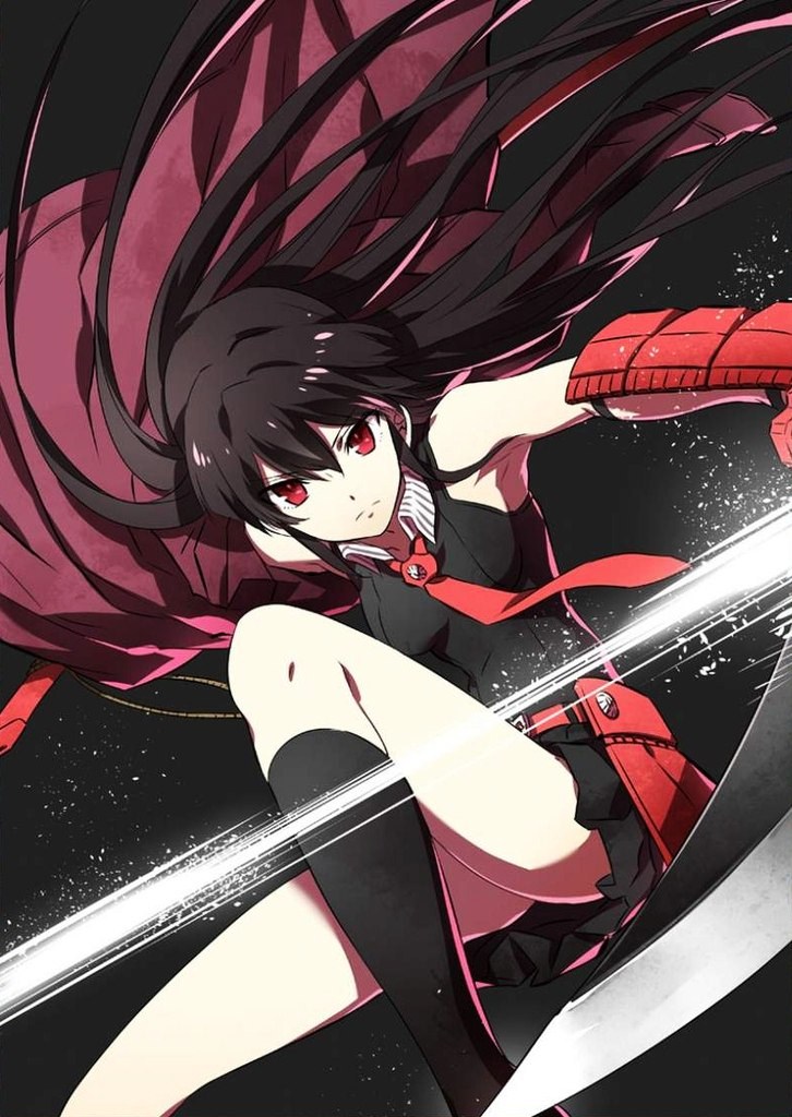 akame akame_ga_kill! armpits black_hair black_legwear black_shirt black_skirt holding holding_weapon katana kneehighs long_hair necktie pleated_skirt red_eyes red_neckwear shirt skirt solo sword weapon