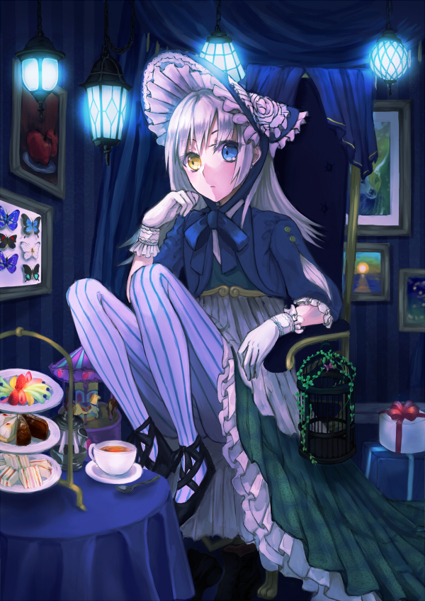 armchair birdcage blue_eyes blush bonnet box bug butterfly cage carousel chair cup dress food framed_insect frilled_dress frills fruit gift gift_box gloves green_dress hanging_light hat heterochromia indoors insect jacket knees_up long_hair long_sleeves looking_away mirin_(m_irinrin) original pantyhose pastry picture_(object) pinstripe_pattern sandwich saucer silver_hair sitting solo spoon striped striped_legwear table tablecloth tea teacup tiered_tray vertical-striped_legwear vertical_stripes white_gloves yellow_eyes