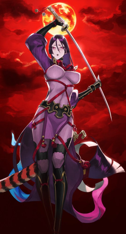 armlet bangs black_gloves bodysuit breasts covered_navel fate/grand_order fate_(series) fingerless_gloves gloves katana large_breasts long_hair low-tied_long_hair minamoto_no_raikou_(fate/grand_order) nakuta open_mouth parted_bangs purple_bodysuit purple_eyes purple_hair ribbed_sleeves solo standing sword very_long_hair weapon