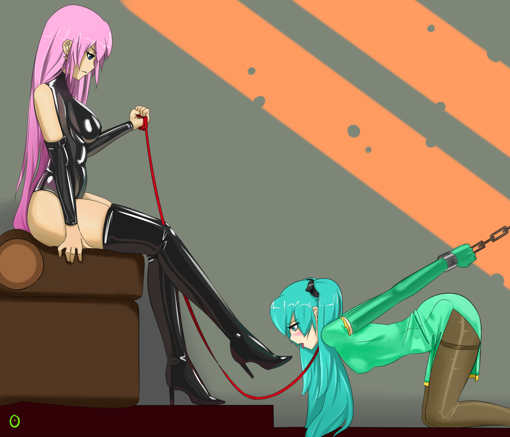 2girls aqua_eyes aqua_hair bdsm blue_eyes blush bondage boots bound bound_wrists brown_legwear china_dress chinese_clothes cuffs detached_sleeves deviantart_thumbnail dress female femdom from from_side green_hair hatsune_miku high_heel_boots high_heels kneeling latex leash long_hair megurine_luka multiple_girls pantyhose pink_hair resized rubber shackles side side_slit sitting slave thigh_boots thighband_pantyhose thighhighs tongue tongue_out twintails vocaloid