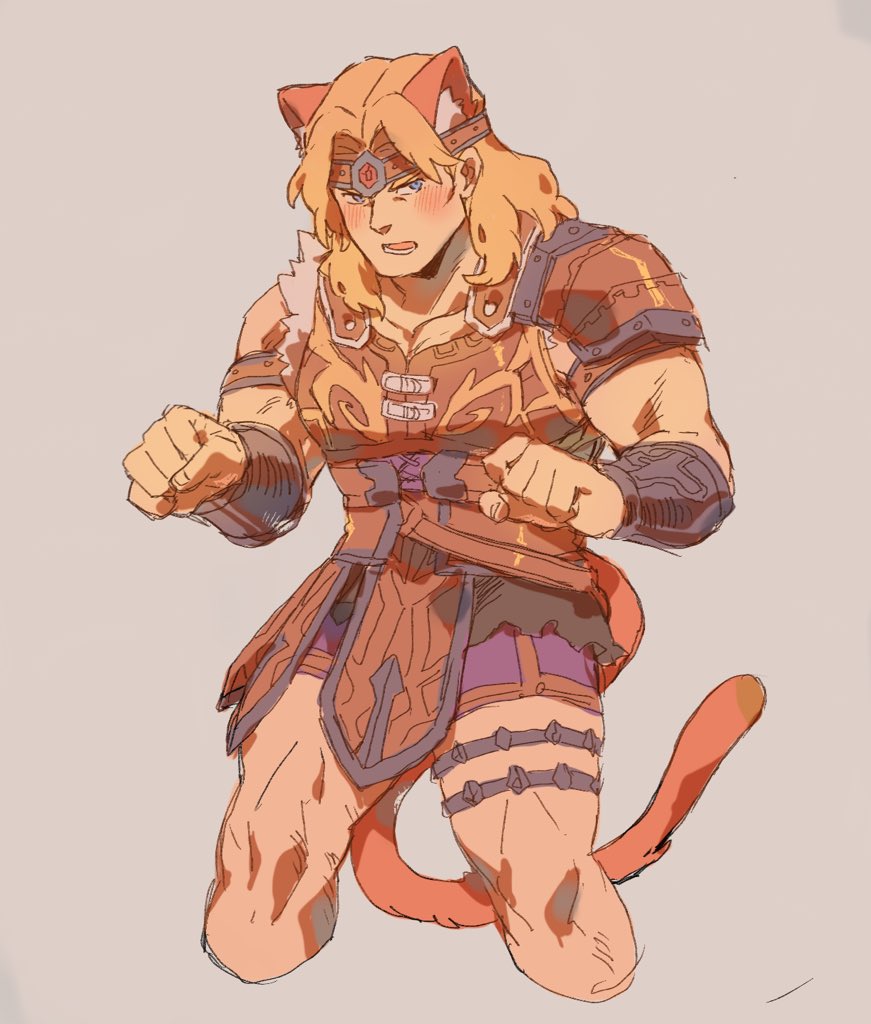 1boy animal_ears armor belt blonde_hair blue_eyes blush castlevania cat_ears gloves headband jeepochu male_focus nintendo paw_pose simon_belmondo simple_background solo super_smash_bros. super_smash_bros._ultimate white_background