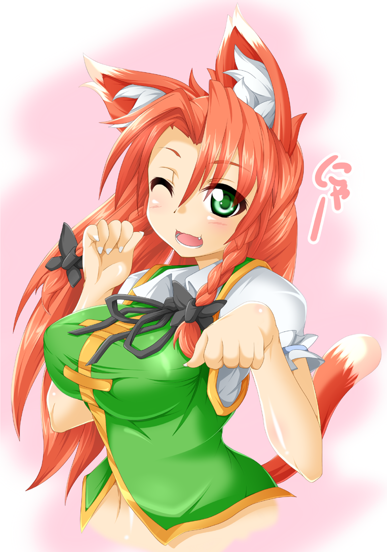 animal_ears blush bow braid cat_ears cat_tail green_eyes hair_bow hong_meiling kokujuuji long_hair one_eye_closed paw_pose red_hair solo tail touhou twin_braids