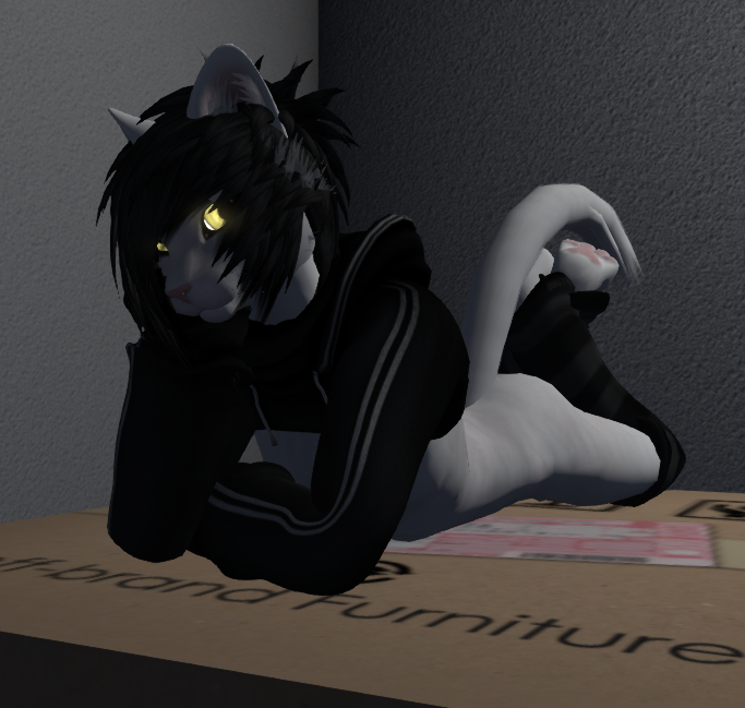 2014 anthro black_hair cat clothing feline fur girly glowing glowing_eyes hair hoodie leg_warmer legwear long_tail looking_at_viewer lying male mammal pose ryan ryan&trade; second_life slutty solo white_fur