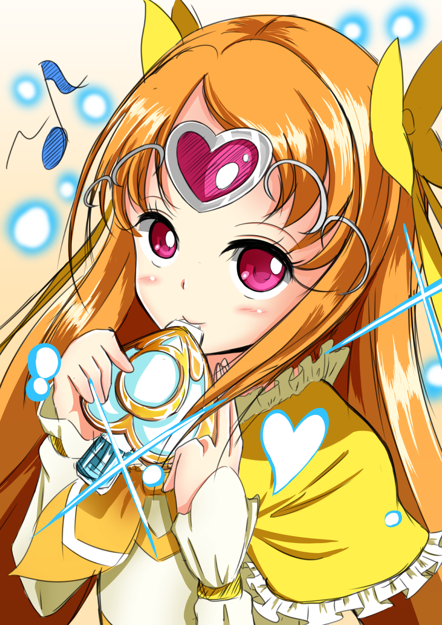 bow circlet cure_module cure_muse_(yellow) eighth_note hair_bow heart highres long_hair magical_girl musical_note orange_hair pink_eyes precure shirabe_ako shiratama0426 smile solo suite_precure whistle yellow_bow