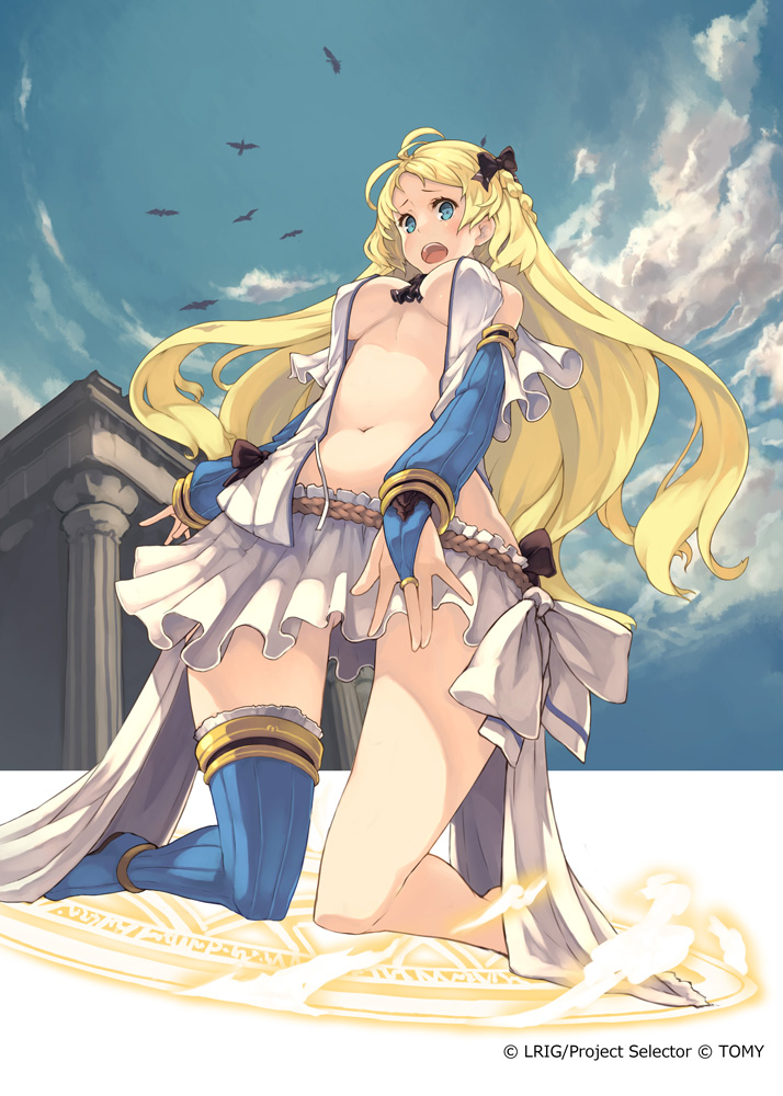 architecture bird blonde_hair blue_eyes breasts bridal_gauntlets cleavage cloud column covered_nipples day from_below greco-roman_architecture keypot kneeling large_breasts long_hair magic_circle navel no_shoes official_art open_clothes open_mouth outdoors pillar single_thighhigh skirt sky solo striped striped_legwear thighhighs vertical-striped_legwear vertical_stripes very_long_hair wide_hips wixoss